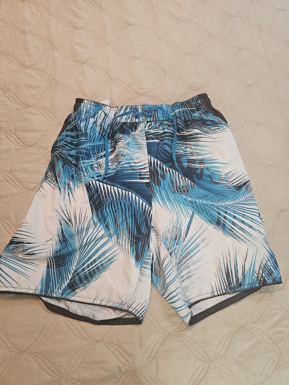 Nike Blue White Palm-Print Swim Trunks